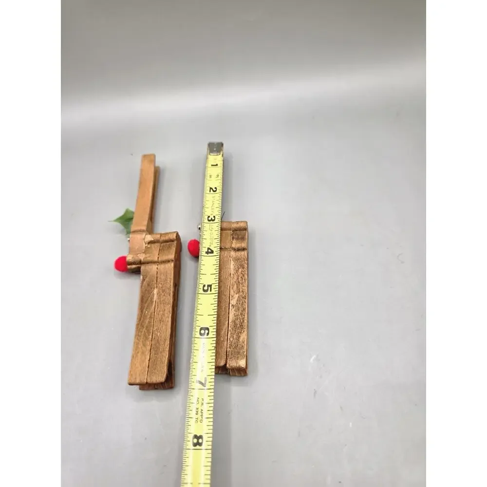 Vintage Handmade Clothespin Reindeer Ornaments Pair Wood Peg Rudolph Craft Vtg